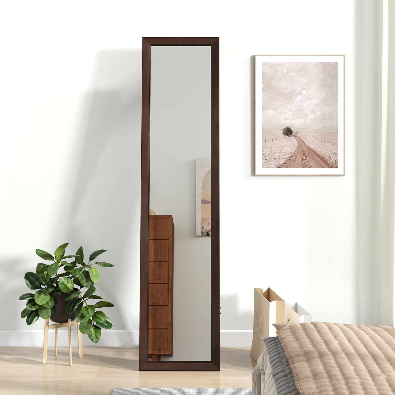 Brown Solid Wood Full Length Floor Mirror with Stand and HD Glass for Bedroom or Living Room